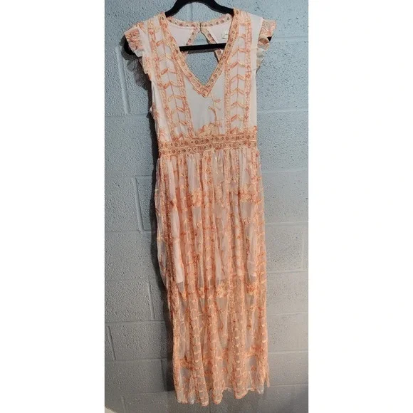 Altar'd State Orange Peach Embroidered Mesh Midi Dress Cutout Back Womens Medium - Picture 14 of 16